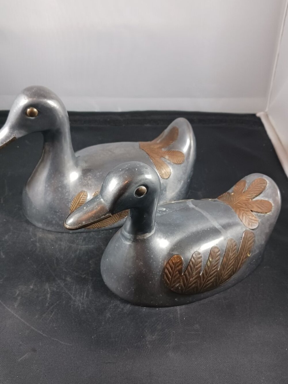 2 Vintage Duck Shape Pewter with Brass Inlay